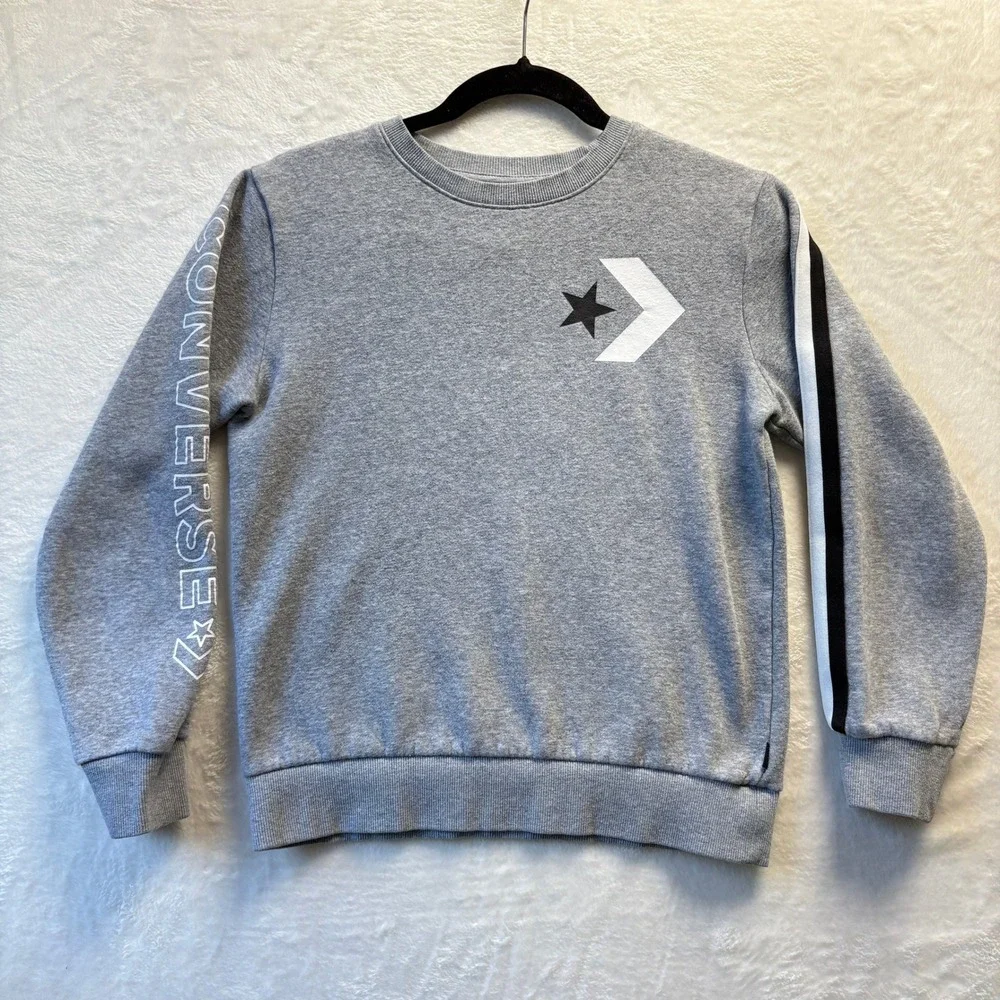 Converse Pullover Sweatshirt Kids Sz Large Gray‎ Crewneck Logo Stripe Spellout